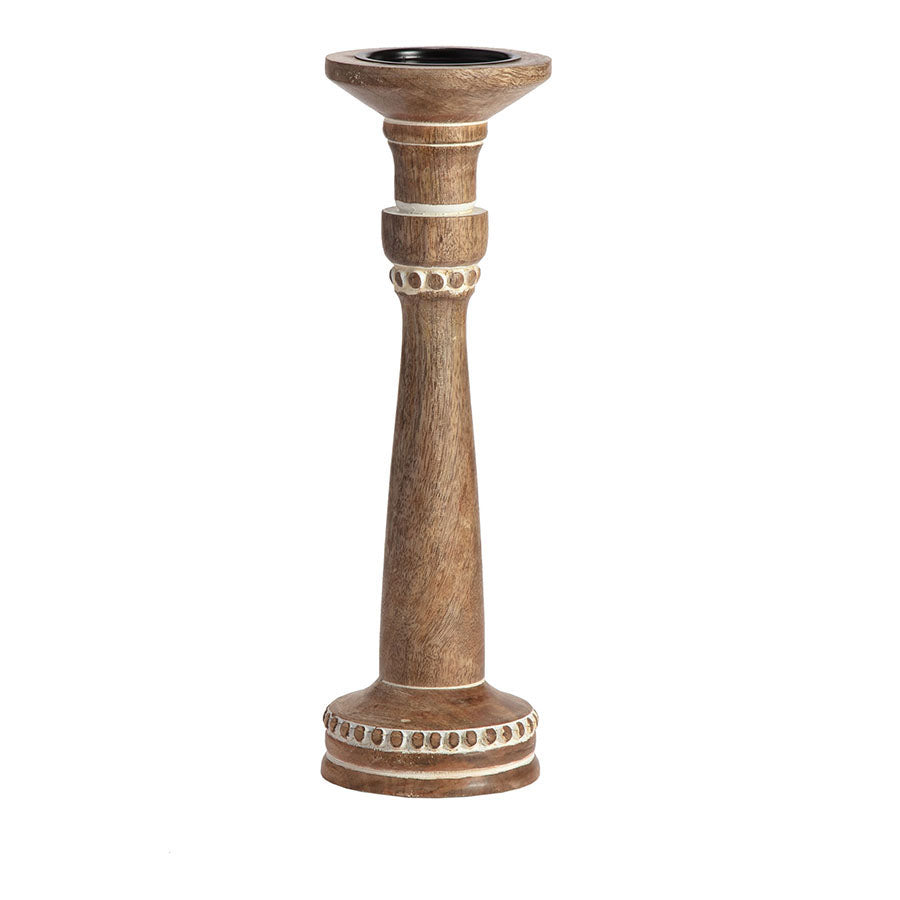 40cm Handcrafted Carved Mango Wood Pillar Candleholder 40x12.5cm